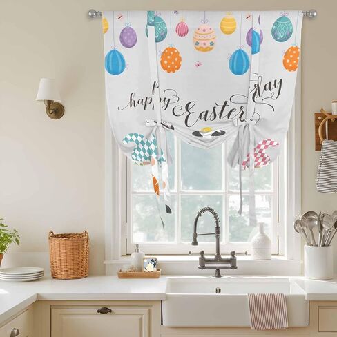 Gnomes Easter Tie Up Curtains for Window, Colorful Eggs Bunny Retro Art Thermal Insulated Balloon Shade Adjustable Rod Pocket Curtains Valance Panels for Kitchen Bathroom Café 52'' x 45'' in Saudi Arabia
