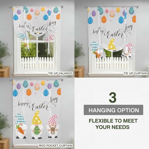 Gnomes Easter Tie Up Curtains for Window, Colorful Eggs Bunny Retro Art Thermal Insulated Balloon Shade Adjustable Rod Pocket Curtains Valance Panels for Kitchen Bathroom Café 52'' x 45'' in Saudi Arabia