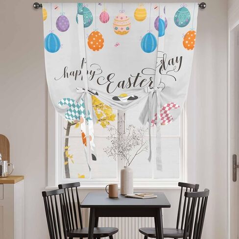 Gnomes Easter Tie Up Curtains for Window, Colorful Eggs Bunny Retro Art Thermal Insulated Balloon Shade Adjustable Rod Pocket Curtains Valance Panels for Kitchen Bathroom Café 52'' x 45'' in Saudi Arabia