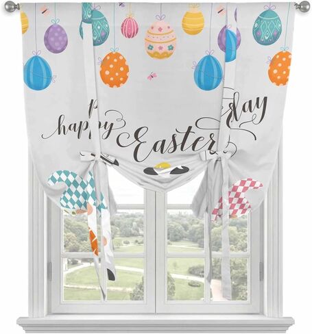 Gnomes Easter Tie Up Curtains for Window, Colorful Eggs Bunny Retro Art Thermal Insulated Balloon Shade Adjustable Rod Pocket Curtains Valance Panels for Kitchen Bathroom Café 52'' x 45'' in Saudi Arabia