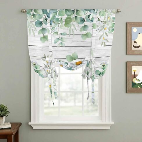 Green Eucalyptus Leaves Tie Up Curtains for Window, Daisy Summer Botanical Wooden Thermal Insulated Balloon Shade Adjustable Rod Pocket Curtains Valance Panels for Kitchen Bathroom Café 46'' x 63'' in Saudi Arabia
