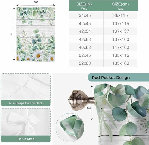 Green Eucalyptus Leaves Tie Up Curtains for Window, Daisy Summer Botanical Wooden Thermal Insulated Balloon Shade Adjustable Rod Pocket Curtains Valance Panels for Kitchen Bathroom Café 46'' x 63'' in Saudi Arabia