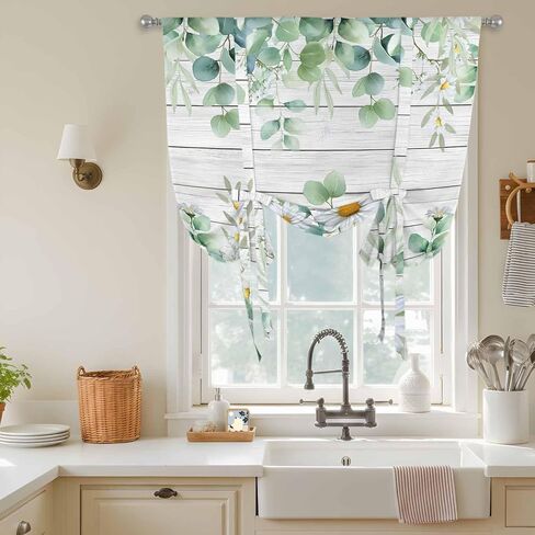 Green Eucalyptus Leaves Tie Up Curtains for Window, Daisy Summer Botanical Wooden Thermal Insulated Balloon Shade Adjustable Rod Pocket Curtains Valance Panels for Kitchen Bathroom Café 46'' x 63'' in Saudi Arabia