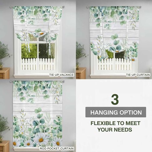 Green Eucalyptus Leaves Tie Up Curtains for Window, Daisy Summer Botanical Wooden Thermal Insulated Balloon Shade Adjustable Rod Pocket Curtains Valance Panels for Kitchen Bathroom Café 46'' x 63'' in Saudi Arabia