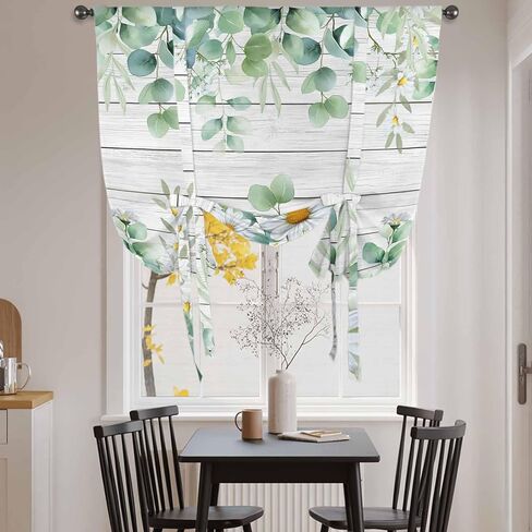 Green Eucalyptus Leaves Tie Up Curtains for Window, Daisy Summer Botanical Wooden Thermal Insulated Balloon Shade Adjustable Rod Pocket Curtains Valance Panels for Kitchen Bathroom Café 46'' x 63'' in Saudi Arabia