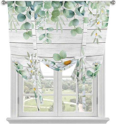 Green Eucalyptus Leaves Tie Up Curtains for Window, Daisy Summer Botanical Wooden Thermal Insulated Balloon Shade Adjustable Rod Pocket Curtains Valance Panels for Kitchen Bathroom Café 46'' x 63'' in Saudi Arabia