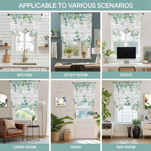 Green Eucalyptus Leaves Tie Up Curtains for Window, Daisy Summer Botanical Wooden Thermal Insulated Balloon Shade Adjustable Rod Pocket Curtains Valance Panels for Kitchen Bathroom Café 46'' x 63'' in Saudi Arabia