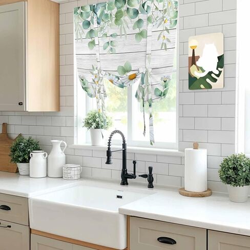 Green Eucalyptus Leaves Tie Up Curtains for Window, Daisy Summer Botanical Wooden Thermal Insulated Balloon Shade Adjustable Rod Pocket Curtains Valance Panels for Kitchen Bathroom Café 46'' x 63'' in Saudi Arabia