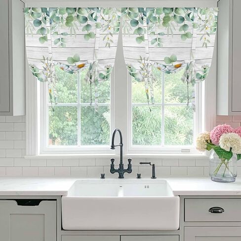Green Eucalyptus Leaves Tie Up Curtains for Window, Daisy Summer Botanical Wooden Thermal Insulated Balloon Shade Adjustable Rod Pocket Curtains Valance Panels for Kitchen Bathroom Café 46'' x 63'' in Saudi Arabia