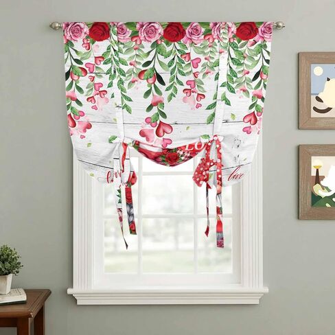 Red Gnomes Tie Up Curtains for Window, Valentine Roses Love Leaves Wood Rustic Thermal Insulated Balloon Shade Adjustable Rod Pocket Curtains Valance Panels for Kitchen Bathroom Café 46'' x 63'' in Saudi Arabia