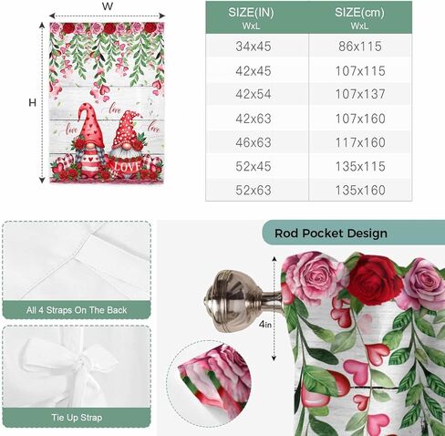 Red Gnomes Tie Up Curtains for Window, Valentine Roses Love Leaves Wood Rustic Thermal Insulated Balloon Shade Adjustable Rod Pocket Curtains Valance Panels for Kitchen Bathroom Café 46'' x 63'' in Saudi Arabia