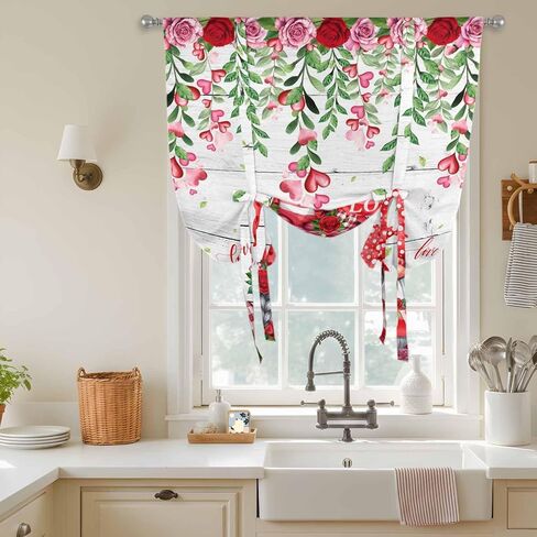 Red Gnomes Tie Up Curtains for Window, Valentine Roses Love Leaves Wood Rustic Thermal Insulated Balloon Shade Adjustable Rod Pocket Curtains Valance Panels for Kitchen Bathroom Café 46'' x 63'' in Saudi Arabia