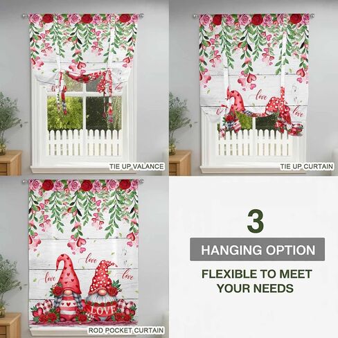 Red Gnomes Tie Up Curtains for Window, Valentine Roses Love Leaves Wood Rustic Thermal Insulated Balloon Shade Adjustable Rod Pocket Curtains Valance Panels for Kitchen Bathroom Café 46'' x 63'' in Saudi Arabia
