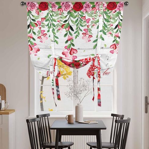Red Gnomes Tie Up Curtains for Window, Valentine Roses Love Leaves Wood Rustic Thermal Insulated Balloon Shade Adjustable Rod Pocket Curtains Valance Panels for Kitchen Bathroom Café 46'' x 63'' in Saudi Arabia