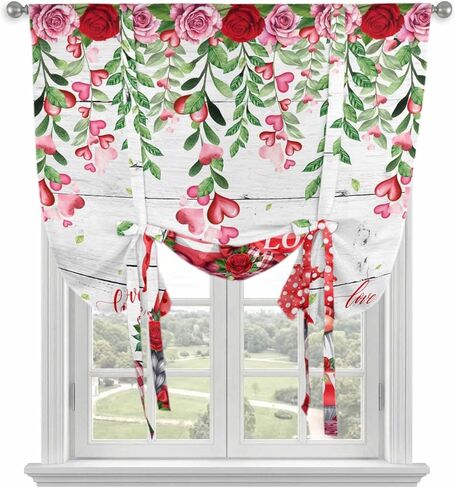 Red Gnomes Tie Up Curtains for Window, Valentine Roses Love Leaves Wood Rustic Thermal Insulated Balloon Shade Adjustable Rod Pocket Curtains Valance Panels for Kitchen Bathroom Café 46'' x 63'' in Saudi Arabia