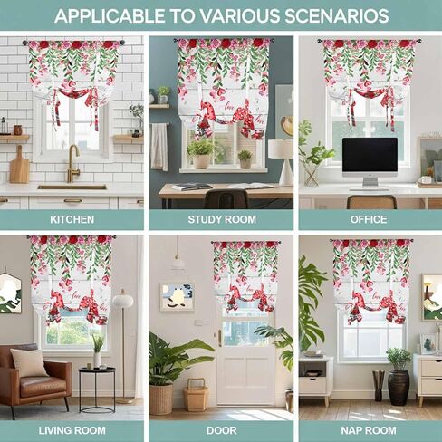 Red Gnomes Tie Up Curtains for Window, Valentine Roses Love Leaves Wood Rustic Thermal Insulated Balloon Shade Adjustable Rod Pocket Curtains Valance Panels for Kitchen Bathroom Café 46'' x 63'' in Saudi Arabia