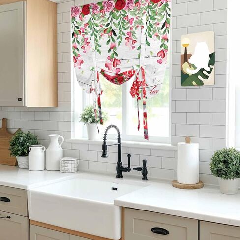 Red Gnomes Tie Up Curtains for Window, Valentine Roses Love Leaves Wood Rustic Thermal Insulated Balloon Shade Adjustable Rod Pocket Curtains Valance Panels for Kitchen Bathroom Café 46'' x 63'' in Saudi Arabia