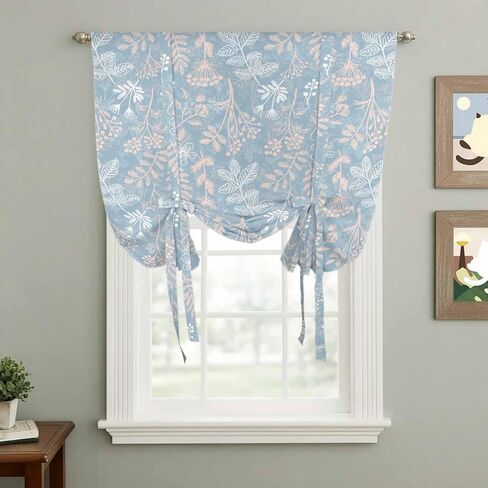 Gray Blue Dandelion Tie Up Curtains for Window, Spring Flowers Modern Minimalist Thermal Insulated Balloon Shade Adjustable Rod Pocket Curtains Valance Panels for Kitchen Bathroom Café 42'' x 63'' in Saudi Arabia