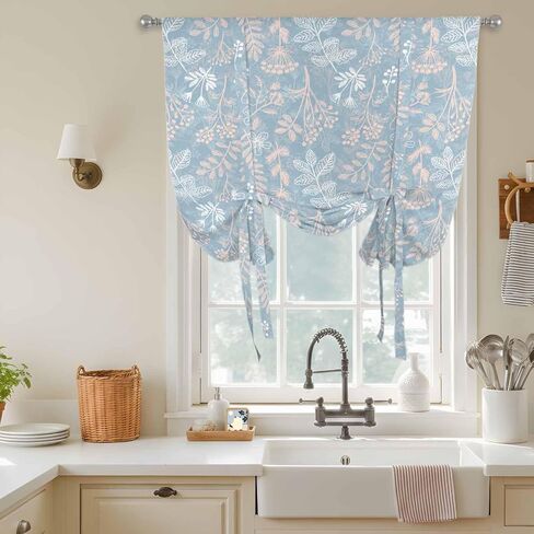 Gray Blue Dandelion Tie Up Curtains for Window, Spring Flowers Modern Minimalist Thermal Insulated Balloon Shade Adjustable Rod Pocket Curtains Valance Panels for Kitchen Bathroom Café 42'' x 63'' in Saudi Arabia