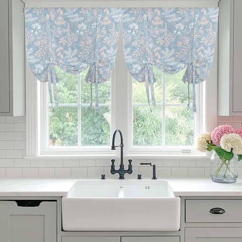 Gray Blue Dandelion Tie Up Curtains for Window, Spring Flowers Modern Minimalist Thermal Insulated Balloon Shade Adjustable Rod Pocket Curtains Valance Panels for Kitchen Bathroom Café 42'' x 63'' in Saudi Arabia