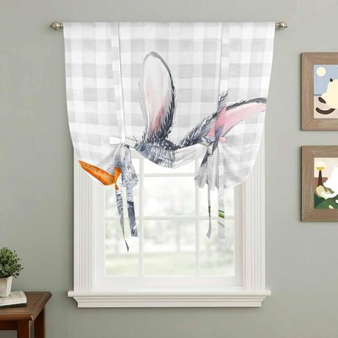 Grey Bunny Easter Tie Up Curtains for Window, Rabbits Grey Checkered Carrots Thermal Insulated Balloon Shade Adjustable Rod Pocket Curtains Valance Panels for Kitchen Bathroom Café 42'' x 54'' in Saudi Arabia