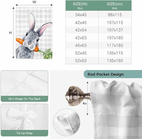 Grey Bunny Easter Tie Up Curtains for Window, Rabbits Grey Checkered Carrots Thermal Insulated Balloon Shade Adjustable Rod Pocket Curtains Valance Panels for Kitchen Bathroom Café 42'' x 54'' in Saudi Arabia