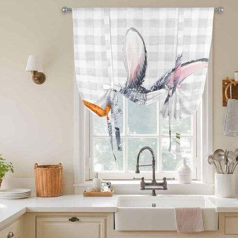 Grey Bunny Easter Tie Up Curtains for Window, Rabbits Grey Checkered Carrots Thermal Insulated Balloon Shade Adjustable Rod Pocket Curtains Valance Panels for Kitchen Bathroom Café 42'' x 54'' in Saudi Arabia