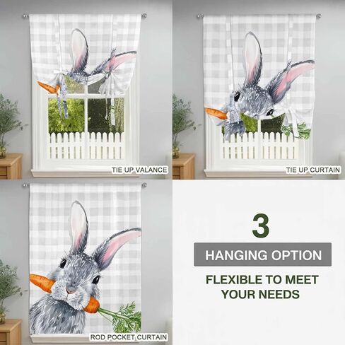 Grey Bunny Easter Tie Up Curtains for Window, Rabbits Grey Checkered Carrots Thermal Insulated Balloon Shade Adjustable Rod Pocket Curtains Valance Panels for Kitchen Bathroom Café 42'' x 54'' in Saudi Arabia