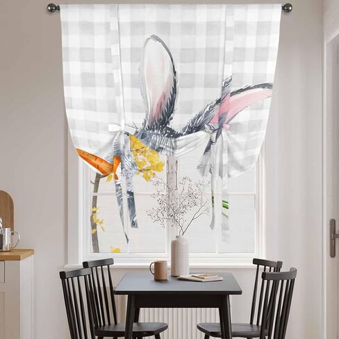 Grey Bunny Easter Tie Up Curtains for Window, Rabbits Grey Checkered Carrots Thermal Insulated Balloon Shade Adjustable Rod Pocket Curtains Valance Panels for Kitchen Bathroom Café 42'' x 54'' in Saudi Arabia