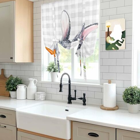 Grey Bunny Easter Tie Up Curtains for Window, Rabbits Grey Checkered Carrots Thermal Insulated Balloon Shade Adjustable Rod Pocket Curtains Valance Panels for Kitchen Bathroom Café 42'' x 54'' in Saudi Arabia