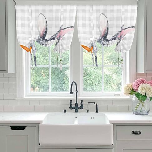Grey Bunny Easter Tie Up Curtains for Window, Rabbits Grey Checkered Carrots Thermal Insulated Balloon Shade Adjustable Rod Pocket Curtains Valance Panels for Kitchen Bathroom Café 42'' x 54'' in Saudi Arabia