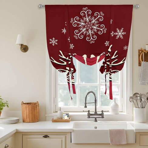 Christmas Elk Tie Up Curtains for Window, Xmas Deer Abstract Art Winter Holiday Thermal Insulated Balloon Shade Adjustable Rod Pocket Curtains Valance Panels for Kitchen Bathroom Café 42'' x 54'' in Saudi Arabia