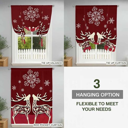 Christmas Elk Tie Up Curtains for Window, Xmas Deer Abstract Art Winter Holiday Thermal Insulated Balloon Shade Adjustable Rod Pocket Curtains Valance Panels for Kitchen Bathroom Café 42'' x 54'' in Saudi Arabia