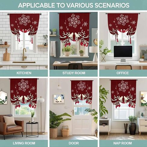 Christmas Elk Tie Up Curtains for Window, Xmas Deer Abstract Art Winter Holiday Thermal Insulated Balloon Shade Adjustable Rod Pocket Curtains Valance Panels for Kitchen Bathroom Café 42'' x 54'' in Saudi Arabia
