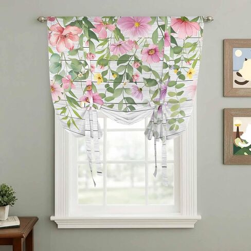 Colorful Flowers Tie Up Curtains for Window, Spring Leaves Floral Botanical Wood Grain Thermal Balloon Shade Adjustable Rod Pocket Curtains Valance Panels for Kitchen Bathroom Café 52'' x 45'' in Saudi Arabia
