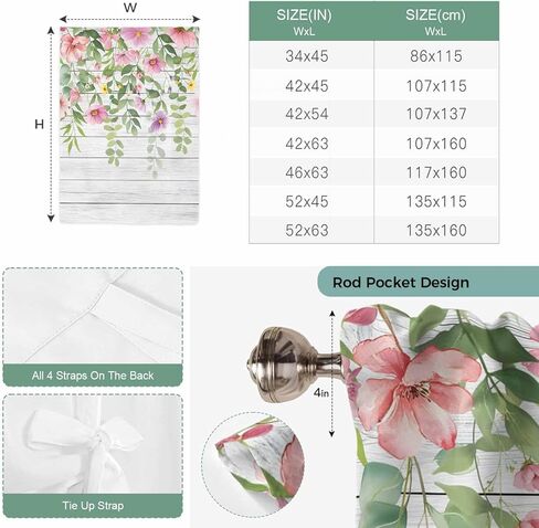 Colorful Flowers Tie Up Curtains for Window, Spring Leaves Floral Botanical Wood Grain Thermal Balloon Shade Adjustable Rod Pocket Curtains Valance Panels for Kitchen Bathroom Café 52'' x 45'' in Saudi Arabia
