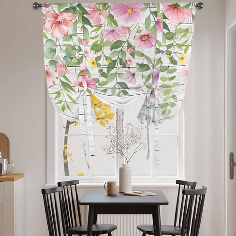 Colorful Flowers Tie Up Curtains for Window, Spring Leaves Floral Botanical Wood Grain Thermal Balloon Shade Adjustable Rod Pocket Curtains Valance Panels for Kitchen Bathroom Café 52'' x 45'' in Saudi Arabia