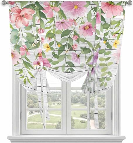 Colorful Flowers Tie Up Curtains for Window, Spring Leaves Floral Botanical Wood Grain Thermal Balloon Shade Adjustable Rod Pocket Curtains Valance Panels for Kitchen Bathroom Café 52'' x 45'' in Saudi Arabia