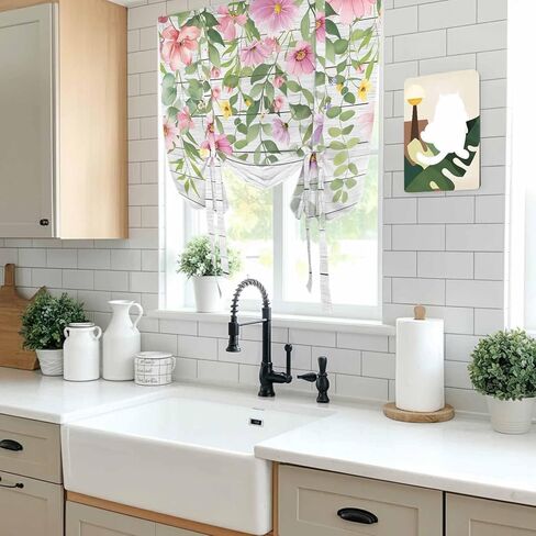 Colorful Flowers Tie Up Curtains for Window, Spring Leaves Floral Botanical Wood Grain Thermal Balloon Shade Adjustable Rod Pocket Curtains Valance Panels for Kitchen Bathroom Café 52'' x 45'' in Saudi Arabia