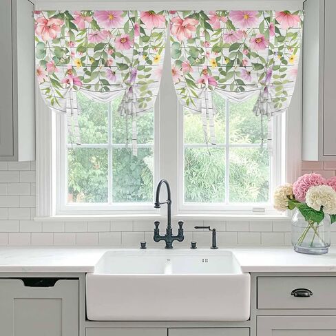 Colorful Flowers Tie Up Curtains for Window, Spring Leaves Floral Botanical Wood Grain Thermal Balloon Shade Adjustable Rod Pocket Curtains Valance Panels for Kitchen Bathroom Café 52'' x 45'' in Saudi Arabia