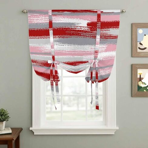 Red Pink Gray Stripes Tie Up Curtains for Window, Modern Abstract Minimalist Retro Thermal Insulated Balloon Shade Adjustable Rod Pocket Curtains Valance Panels for Kitchen Bathroom Café 52'' x 45'' in Saudi Arabia