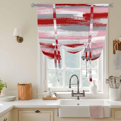 Red Pink Gray Stripes Tie Up Curtains for Window, Modern Abstract Minimalist Retro Thermal Insulated Balloon Shade Adjustable Rod Pocket Curtains Valance Panels for Kitchen Bathroom Café 52'' x 45'' in Saudi Arabia