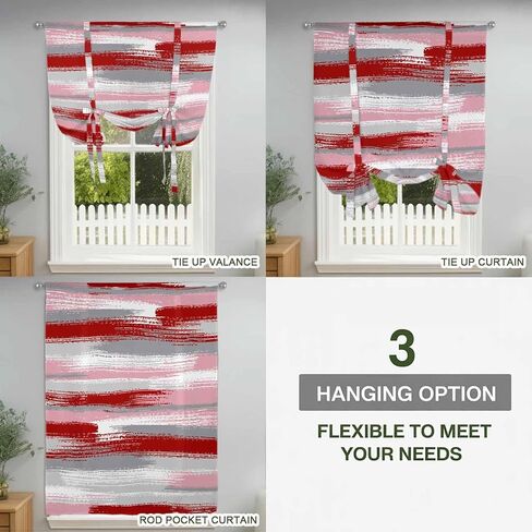 Red Pink Gray Stripes Tie Up Curtains for Window, Modern Abstract Minimalist Retro Thermal Insulated Balloon Shade Adjustable Rod Pocket Curtains Valance Panels for Kitchen Bathroom Café 52'' x 45'' in Saudi Arabia