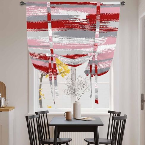 Red Pink Gray Stripes Tie Up Curtains for Window, Modern Abstract Minimalist Retro Thermal Insulated Balloon Shade Adjustable Rod Pocket Curtains Valance Panels for Kitchen Bathroom Café 52'' x 45'' in Saudi Arabia