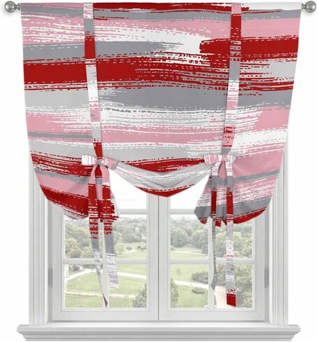 Red Pink Gray Stripes Tie Up Curtains for Window, Modern Abstract Minimalist Retro Thermal Insulated Balloon Shade Adjustable Rod Pocket Curtains Valance Panels for Kitchen Bathroom Café 52'' x 45'' in Saudi Arabia