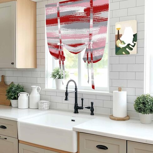 Red Pink Gray Stripes Tie Up Curtains for Window, Modern Abstract Minimalist Retro Thermal Insulated Balloon Shade Adjustable Rod Pocket Curtains Valance Panels for Kitchen Bathroom Café 52'' x 45'' in Saudi Arabia