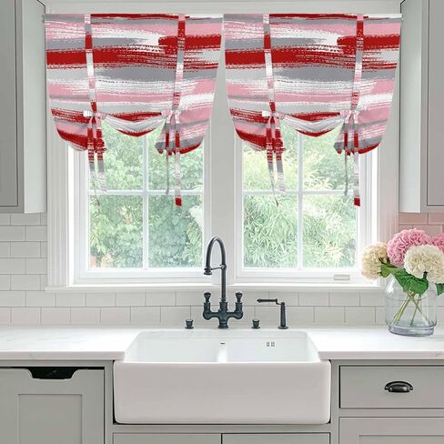 Red Pink Gray Stripes Tie Up Curtains for Window, Modern Abstract Minimalist Retro Thermal Insulated Balloon Shade Adjustable Rod Pocket Curtains Valance Panels for Kitchen Bathroom Café 52'' x 45'' in Saudi Arabia
