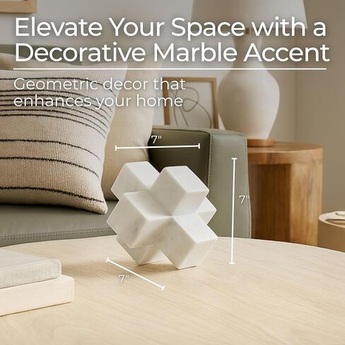 Geometric Cube Decorative Object – Marble Sculpture Modern Home Decor Ornament – Shelf Styling & Coffee Table Decor for Bathroom, Office & Living Room – 6.5", White in Kuwait