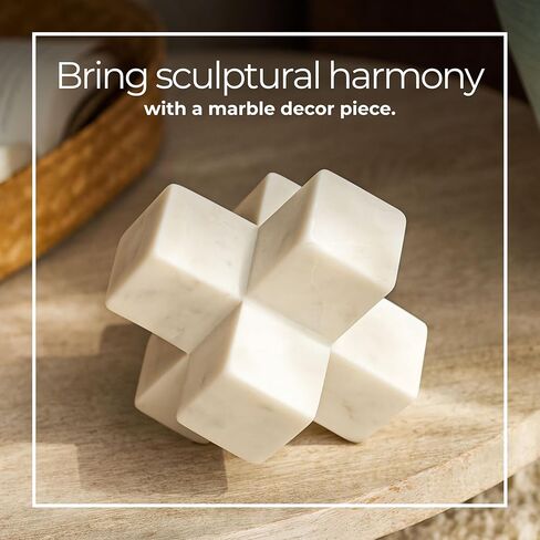 Geometric Cube Decorative Object – Marble Sculpture Modern Home Decor Ornament – Shelf Styling & Coffee Table Decor for Bathroom, Office & Living Room – 6.5", White in Kuwait