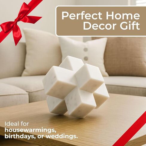 Geometric Cube Decorative Object – Marble Sculpture Modern Home Decor Ornament – Shelf Styling & Coffee Table Decor for Bathroom, Office & Living Room – 6.5", White in Kuwait